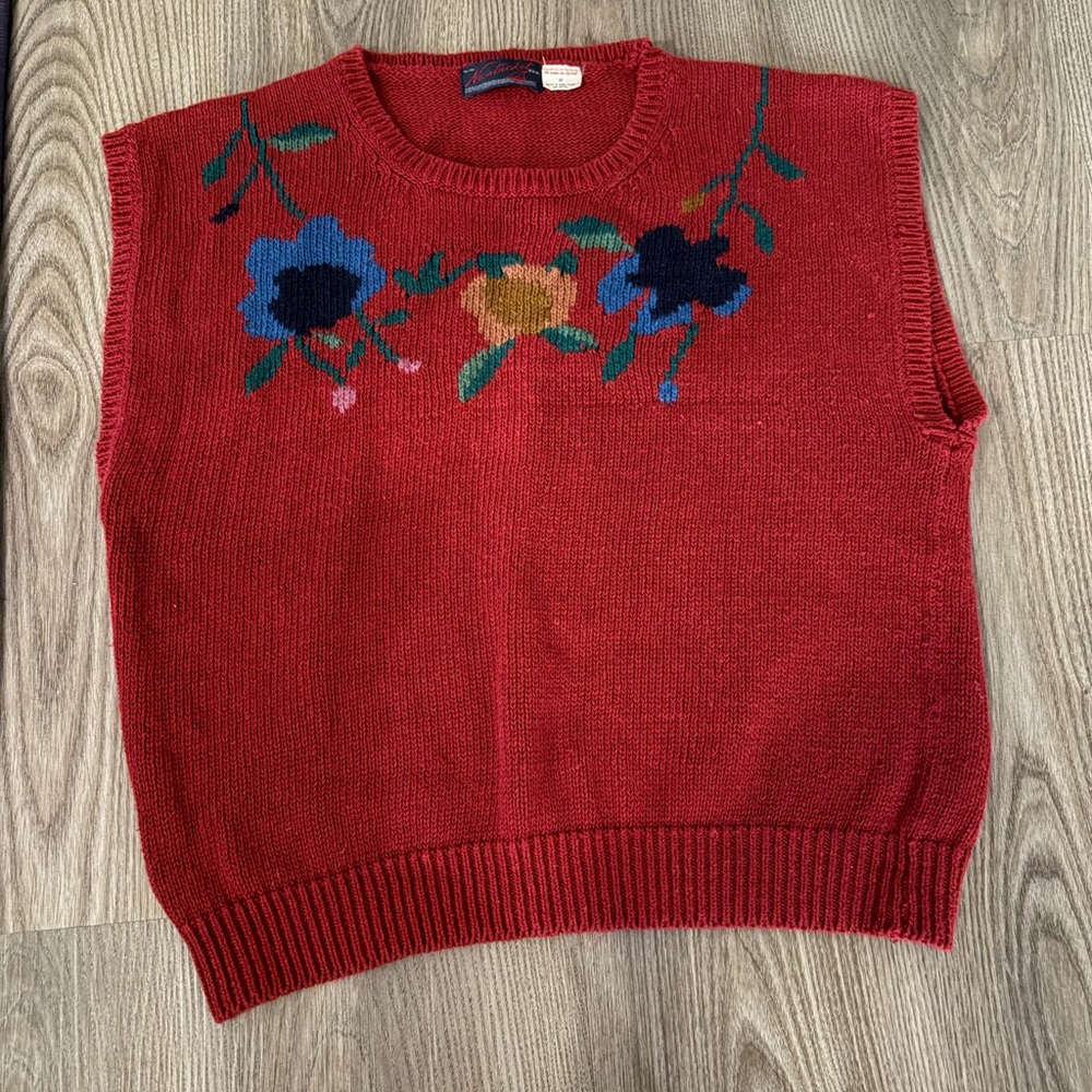 Vintage Nantucket USA Floral Embroidered Red Sweater Vest
